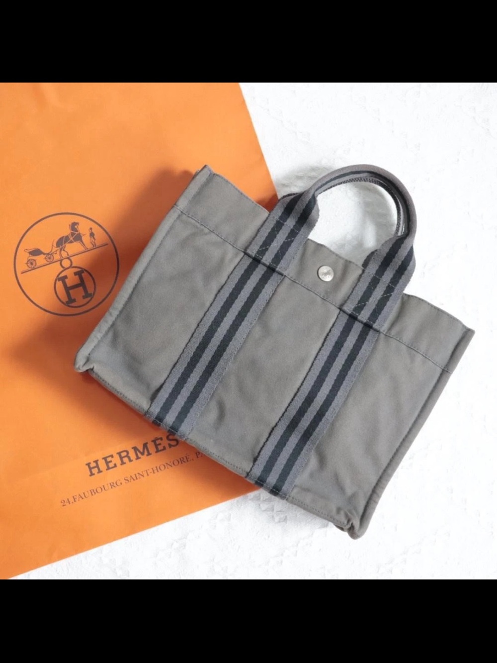 Hermes Gray Canvas Messenger Tote with Striped Handles